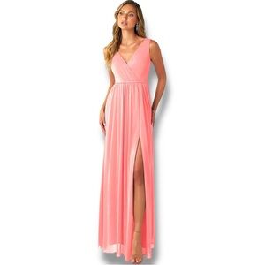 Azazie Coral Pink V-neck and Back High Slit Braided Waist Sleeveless Maxi Dress